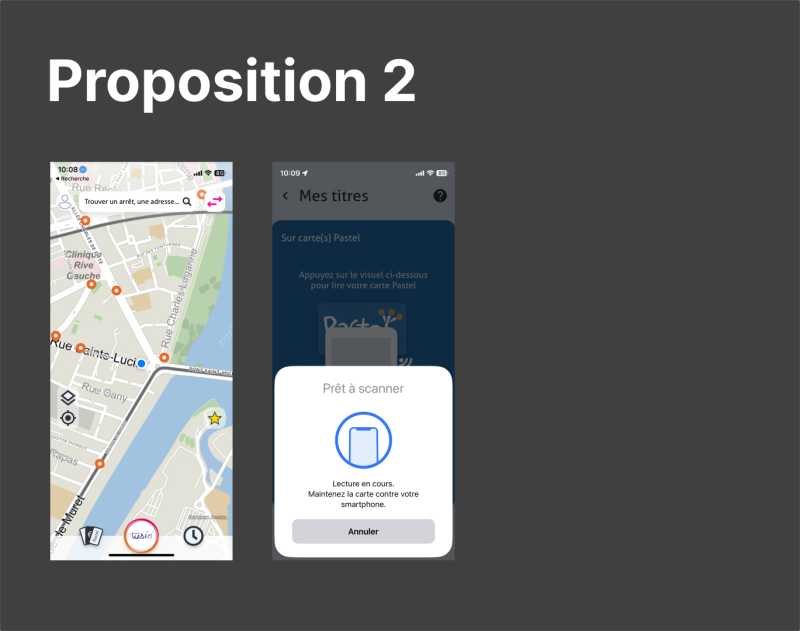 Proposition 2 : écran 1 d'accueil, écran 2 avec le module iOS de lecteur de carte