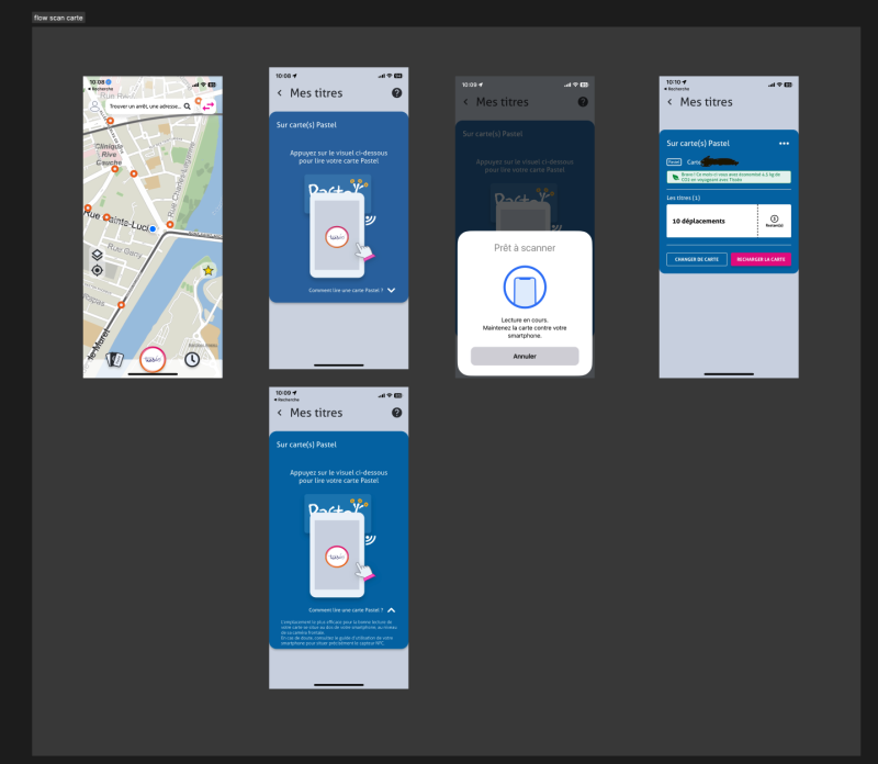 écrans de l'application Tisseo : ecran d'accueil avec la carte, écran de scan de la carte, écran de scan en cours et enfin l'écran affichant le contenu de la carte.