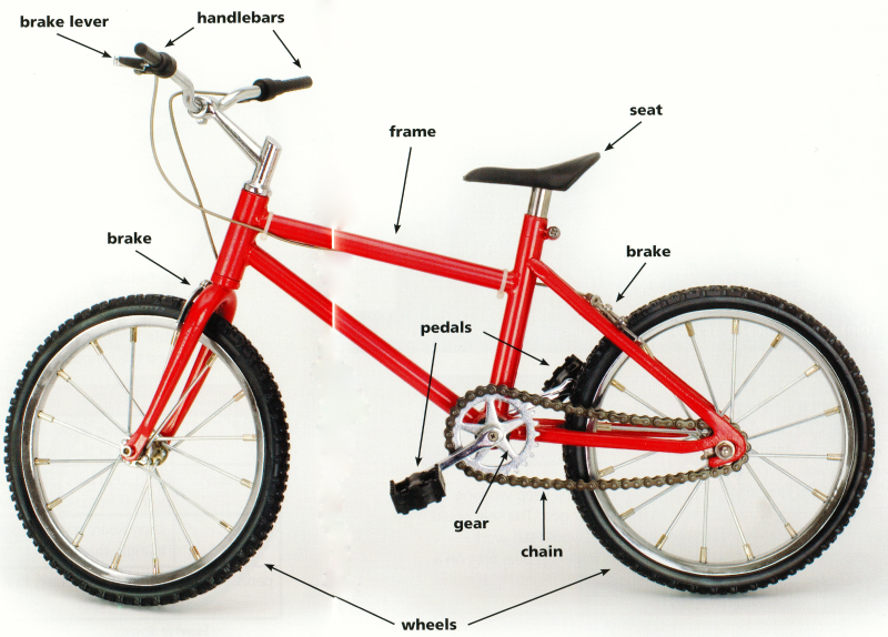Un vélo avec des légendes sur toutes les parties : frein avant, frein arrière, guidon, le cadre, la selle, pédales, les roues, la chaine, le pignon